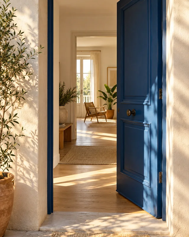 Una puerta abierta hacia un interior luminoso · ambientación