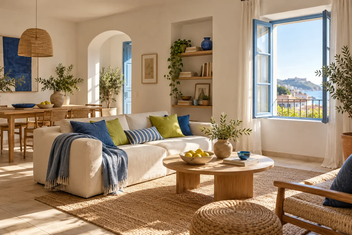 Salón con ventana abierta y luz de tarde · ambientación